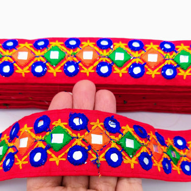 Red Multicoloured Indian Mirror Trim Kutch Embroidered Navratri Garba Dress Trim Bridal Lace, Indian Sari Border 36 mm Wide Trim Per Yard